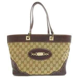 GUCCI Brown Canvas Leather Tote Bag 22x40x13cm Rank AB